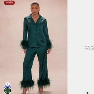 Fashion Nova Hunter Green Feather Trim Satin Pajama Set